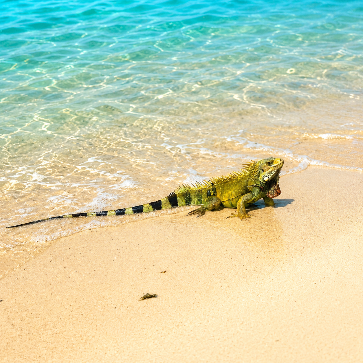 An iguana resting at the water's edge on Flamenco Beach
