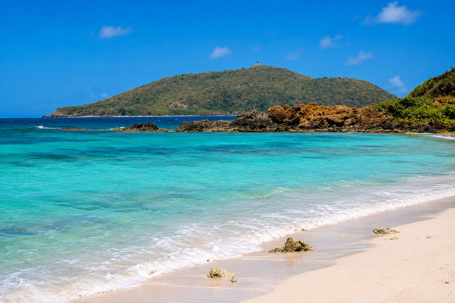 View from Zoni Beach toward Culebrita island with its historic lighthouse visible on the hilltop