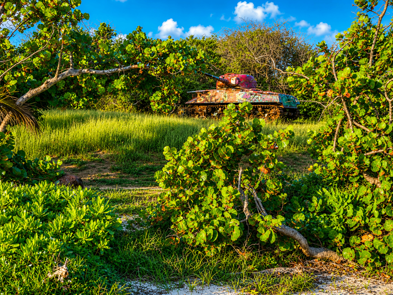 The iconic graffiti-painted tank on Flamenco Beach