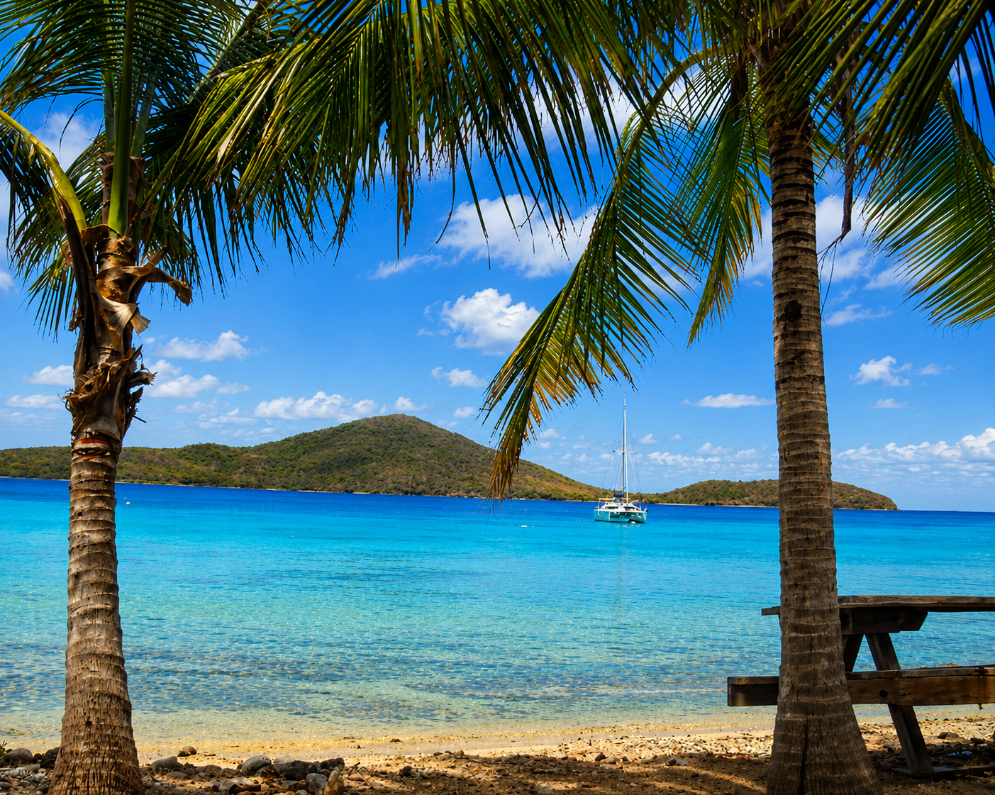 Palm trees framing turquoise water at Melones with a catamaran anchored in the bay
