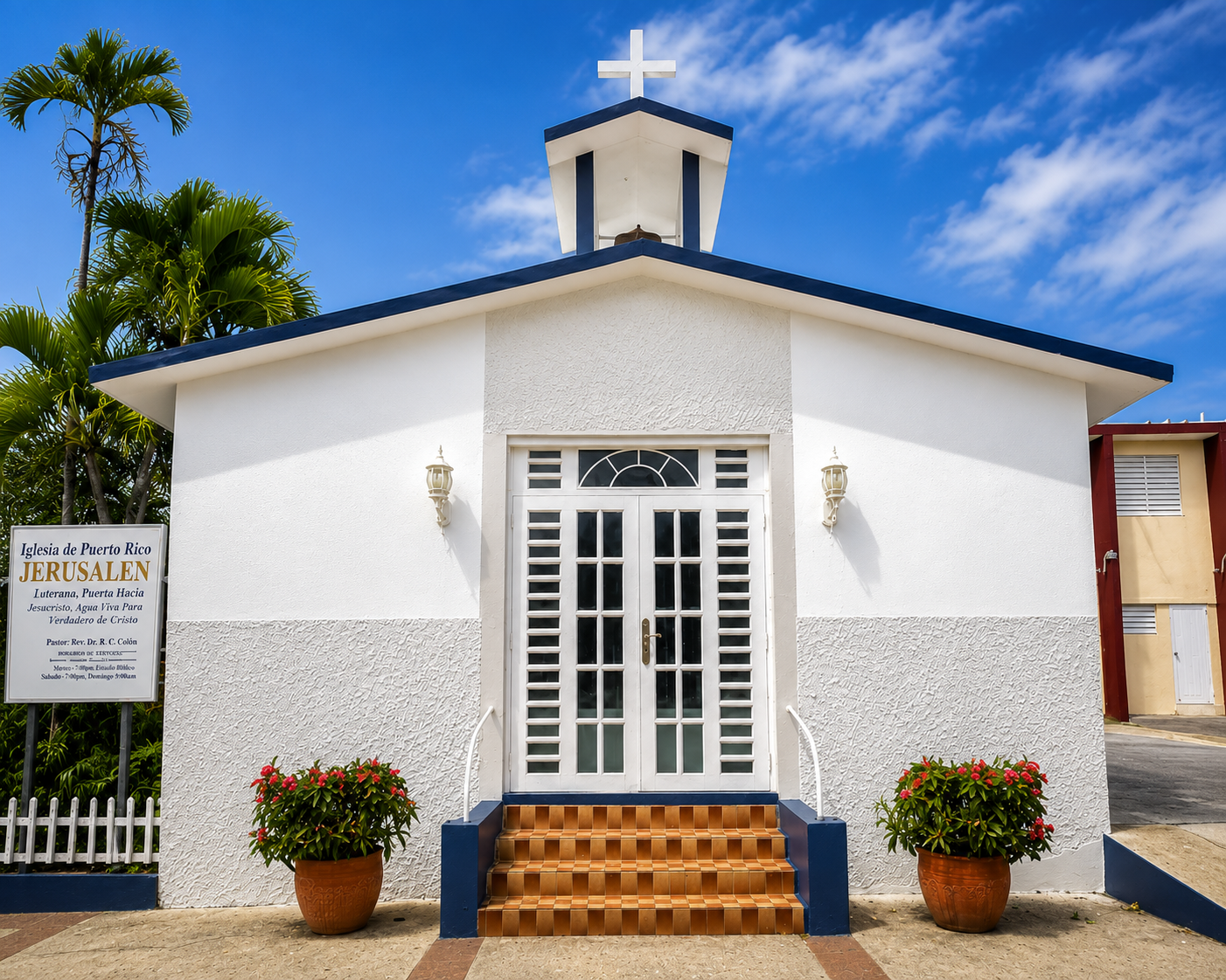 Iglesia Metodista Jerusalén, the Methodist church with red trim and white cross in downtown Culebra, Puerto Rico