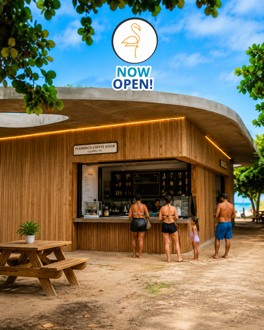Flamenco Beach Kiosks — wooden coffee kiosk with flamingo sign, families ordering