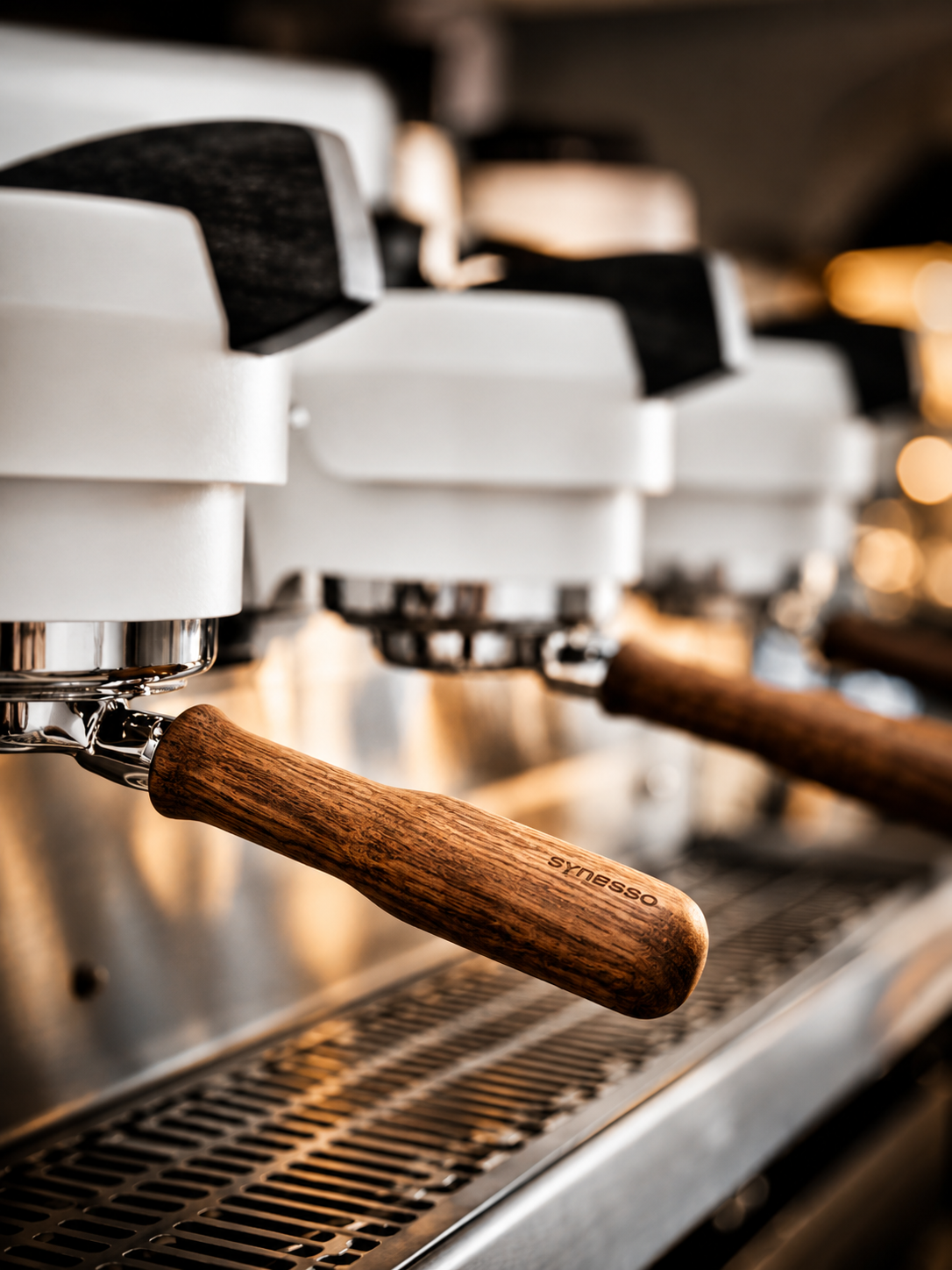 Blac Flamingo espresso machine with wood portafilter handles