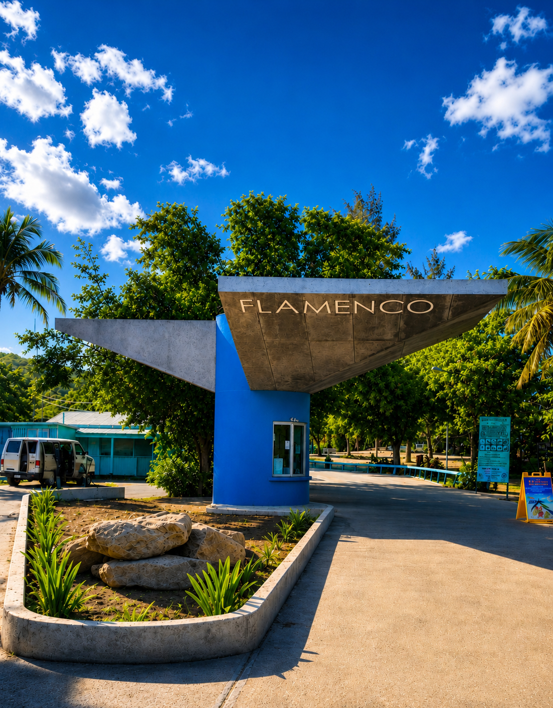 The iconic FLAMENCO entrance sign welcoming visitors to the beach