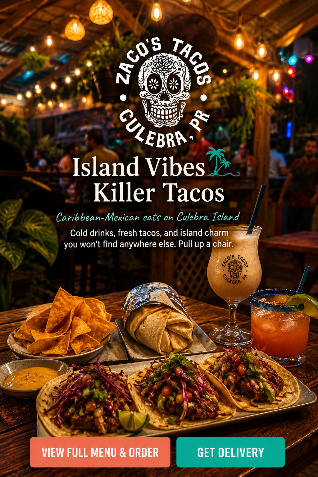Zaco's Tacos — table spread of fresh tacos, chips, and tropical cocktails under string lights