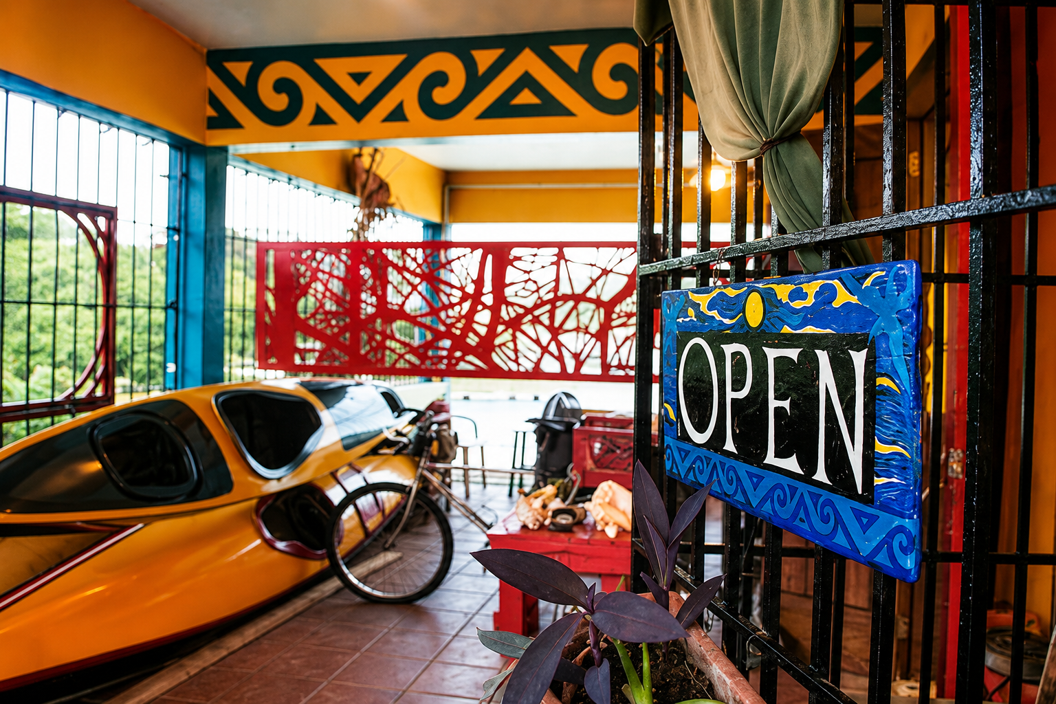 Arte Fango — colorful yellow gallery entrance with red iron gate and vibrant open sign in downtown Culebra