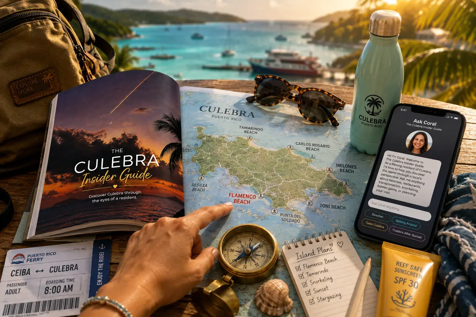 The Culebra Insider Guide open on a map of Culebra with compass, ferry ticket, sunglasses and Ask Coral phone chat, overlooking turquoise Caribbean waters