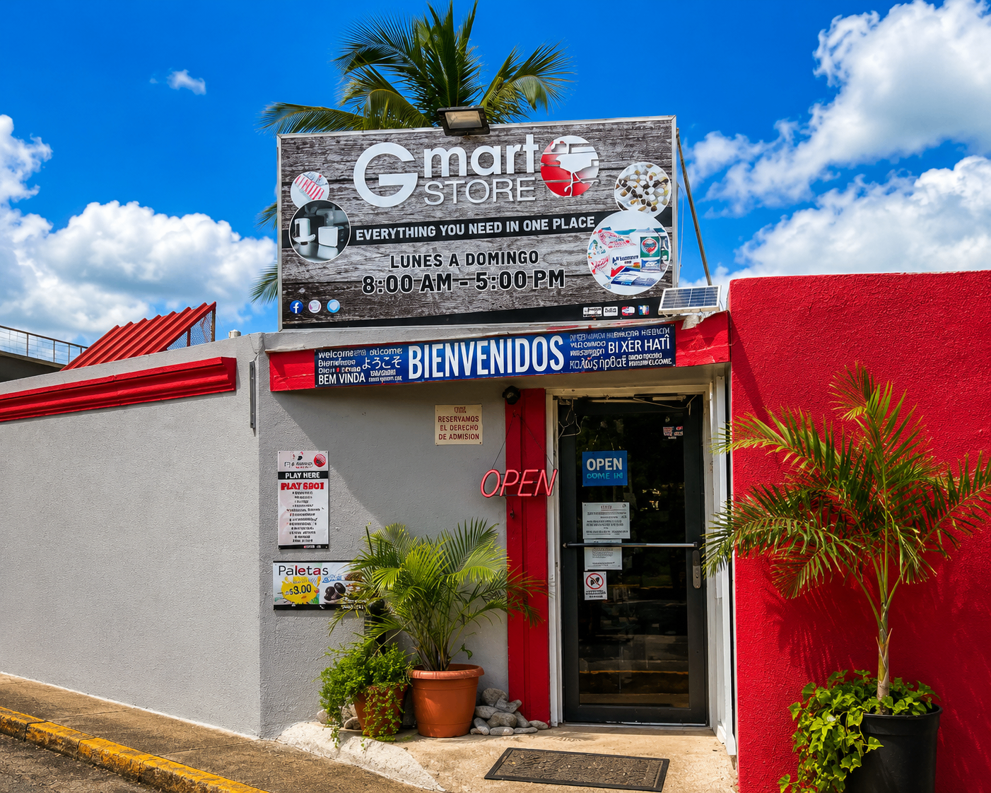 GMart β modern convenience store along PR-250 with bright red accents and welcome signage