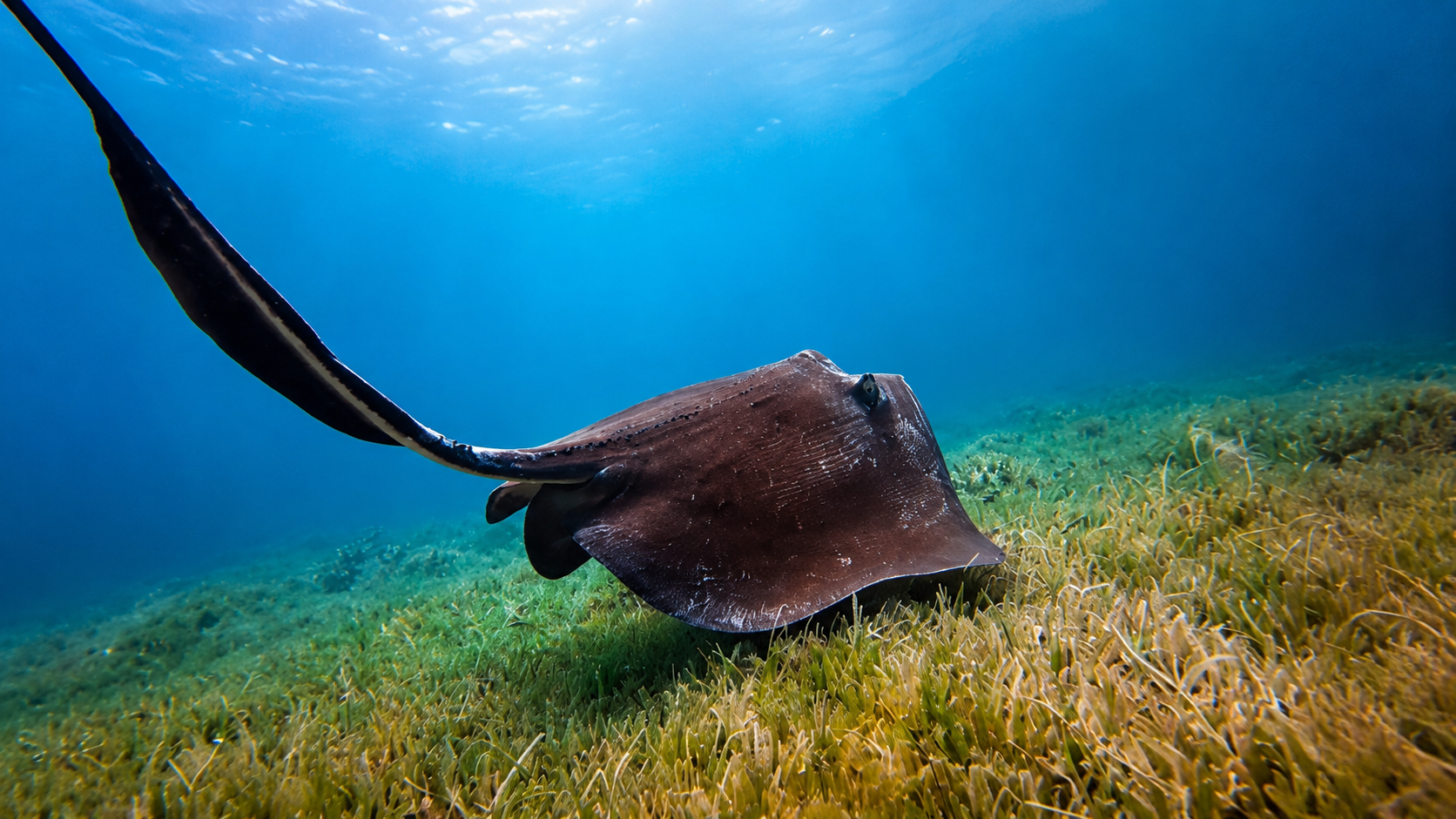 A southern stingray gliding over a bed of seagrass at Tamarindo