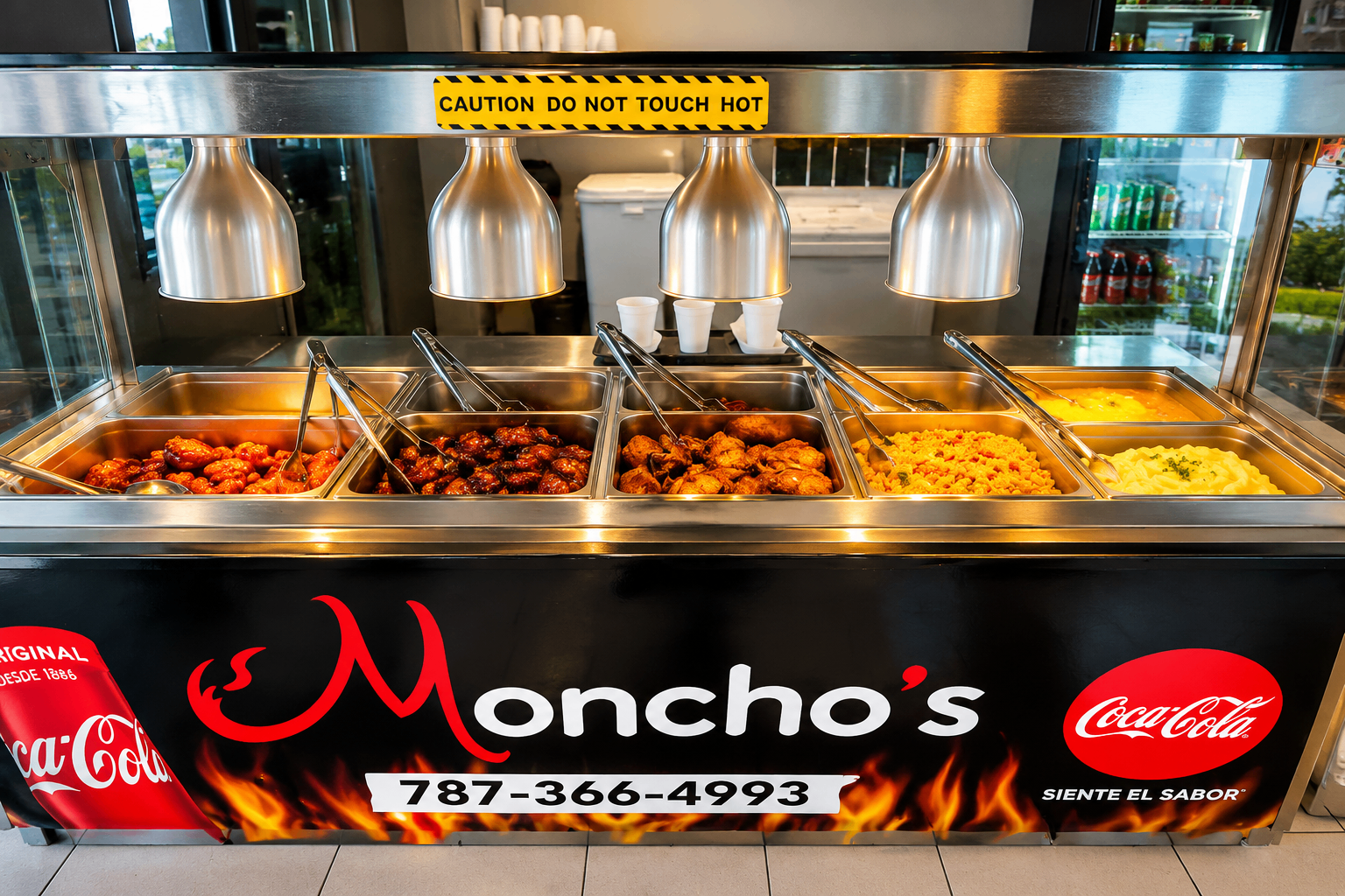 Moncho's — steam-tray counter with roasted chicken, ribs, and rice, under warming lamps