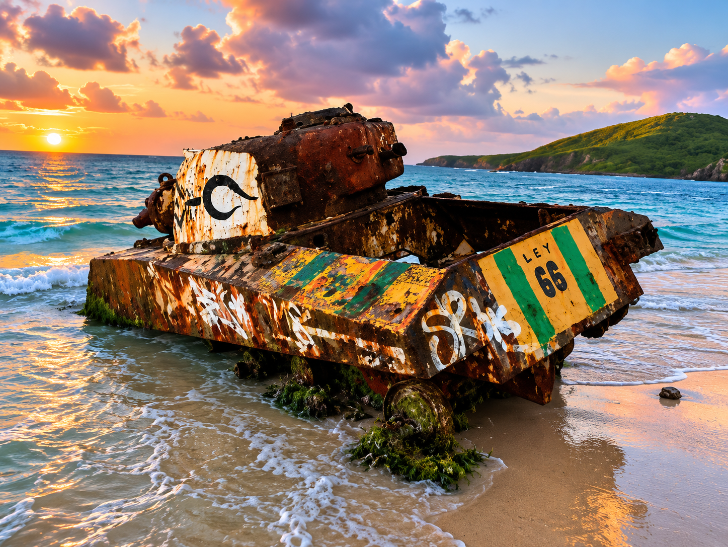 Rusted amphibious military vehicle on Flamenco Beach at sunset, painted by Culebra artist Jorge Acevedo with island iconography and the LEY 66 marking