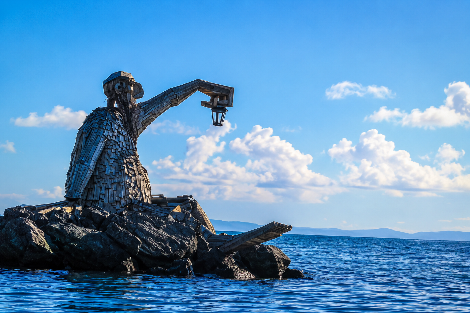 Héctor el Protector, Thomas Dambo's giant wooden troll sculpture overlooking the sea in Culebra