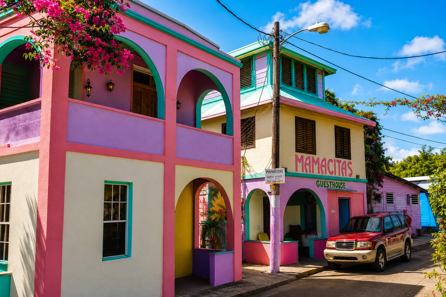 Mamacita's — colorful pink, purple, and yellow arched building in downtown Culebra
