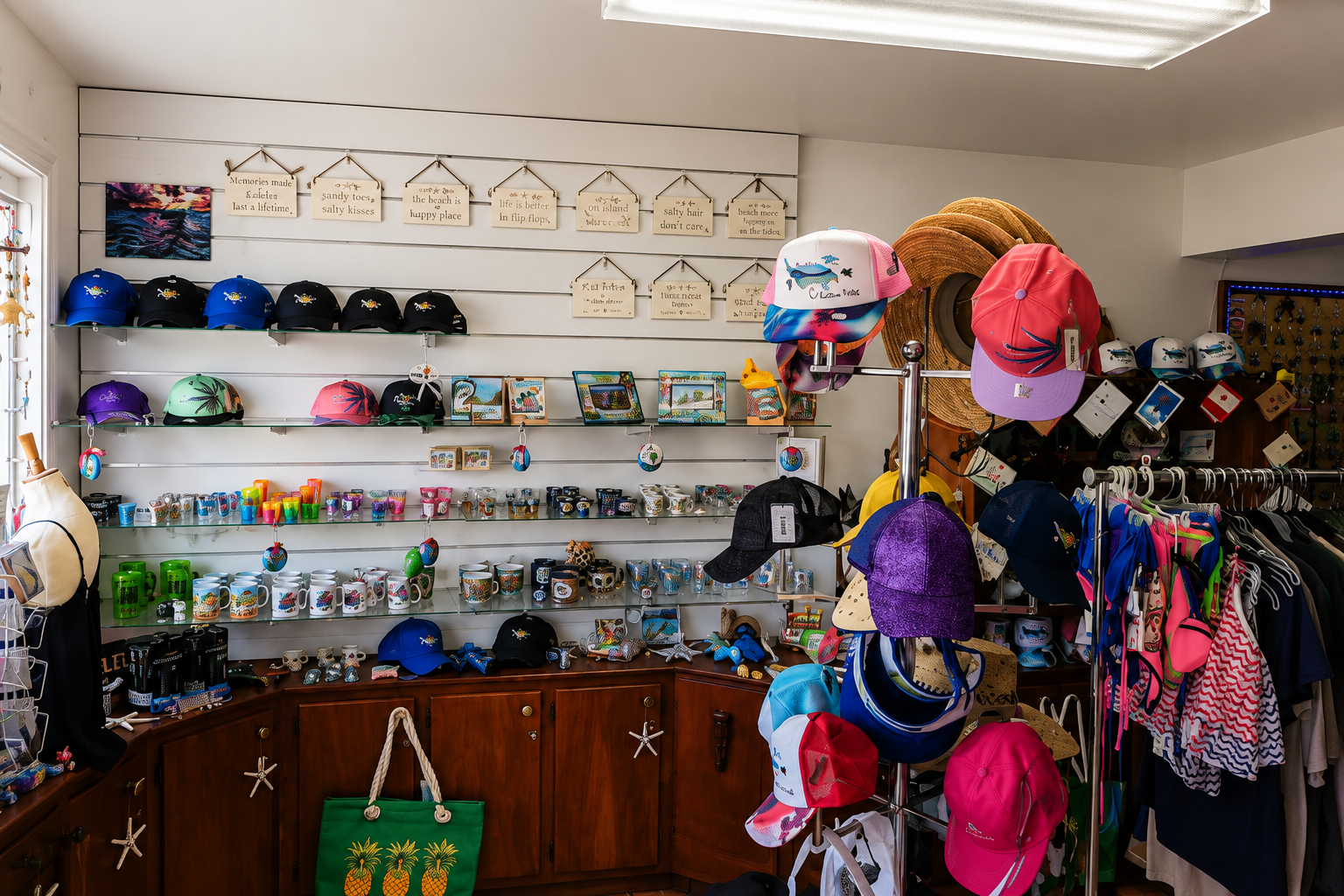 Culebra Gift Gallery interior with island souvenirs, hats, mugs, and handcrafted keepsakes