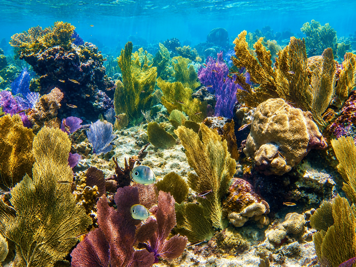 Vibrant coral reef with sea fans and tropical fish in the Culebra Nature Reserve