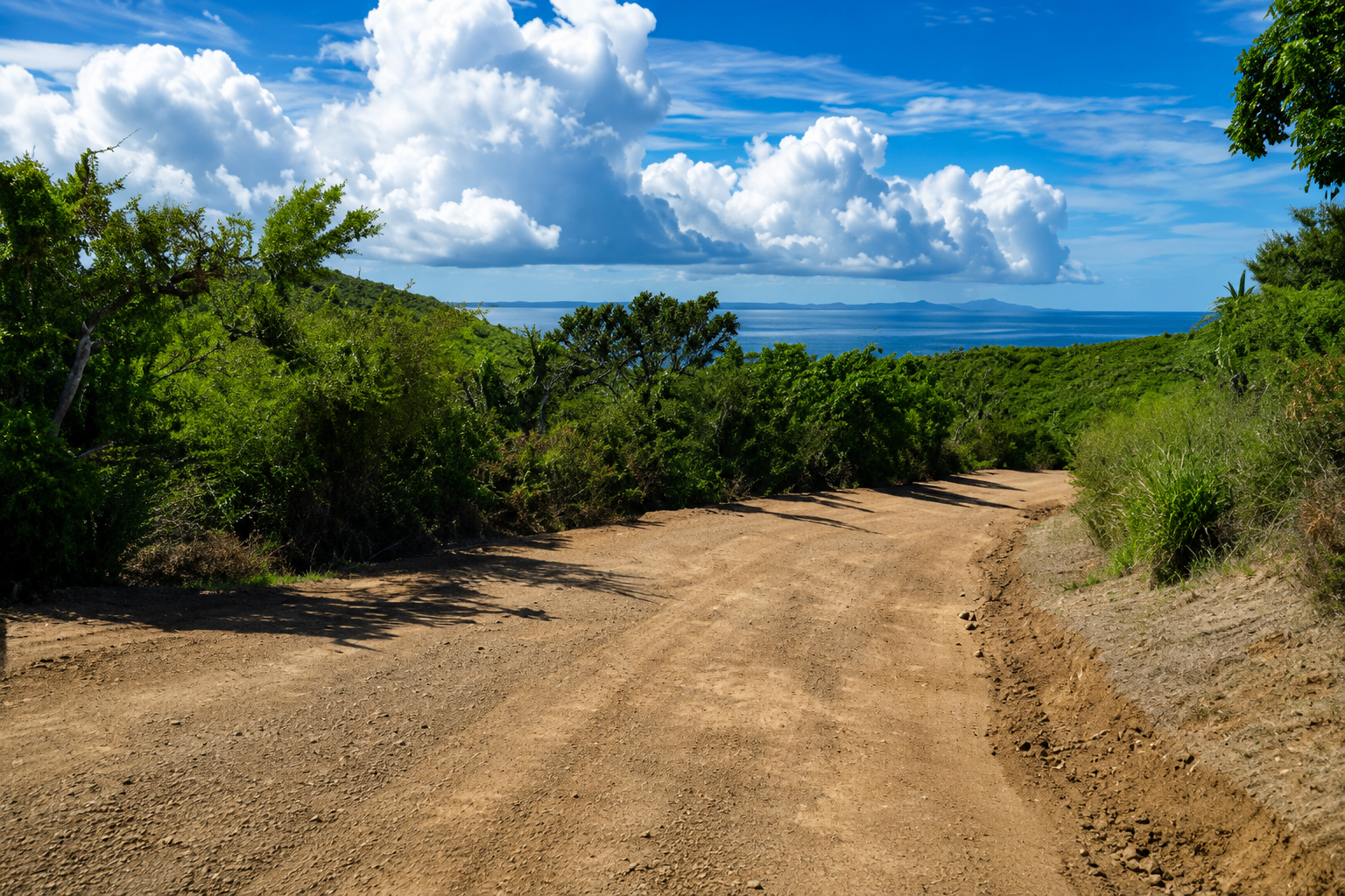 Unpaved dirt road winding through lush green hills toward the sea on the way to Punta Soldado