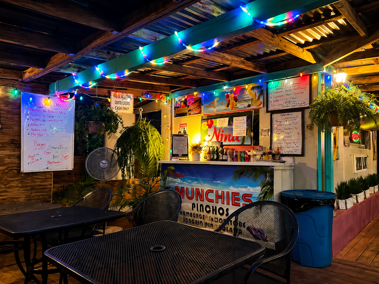 Nina's outdoor dining deck lit with string lights at night