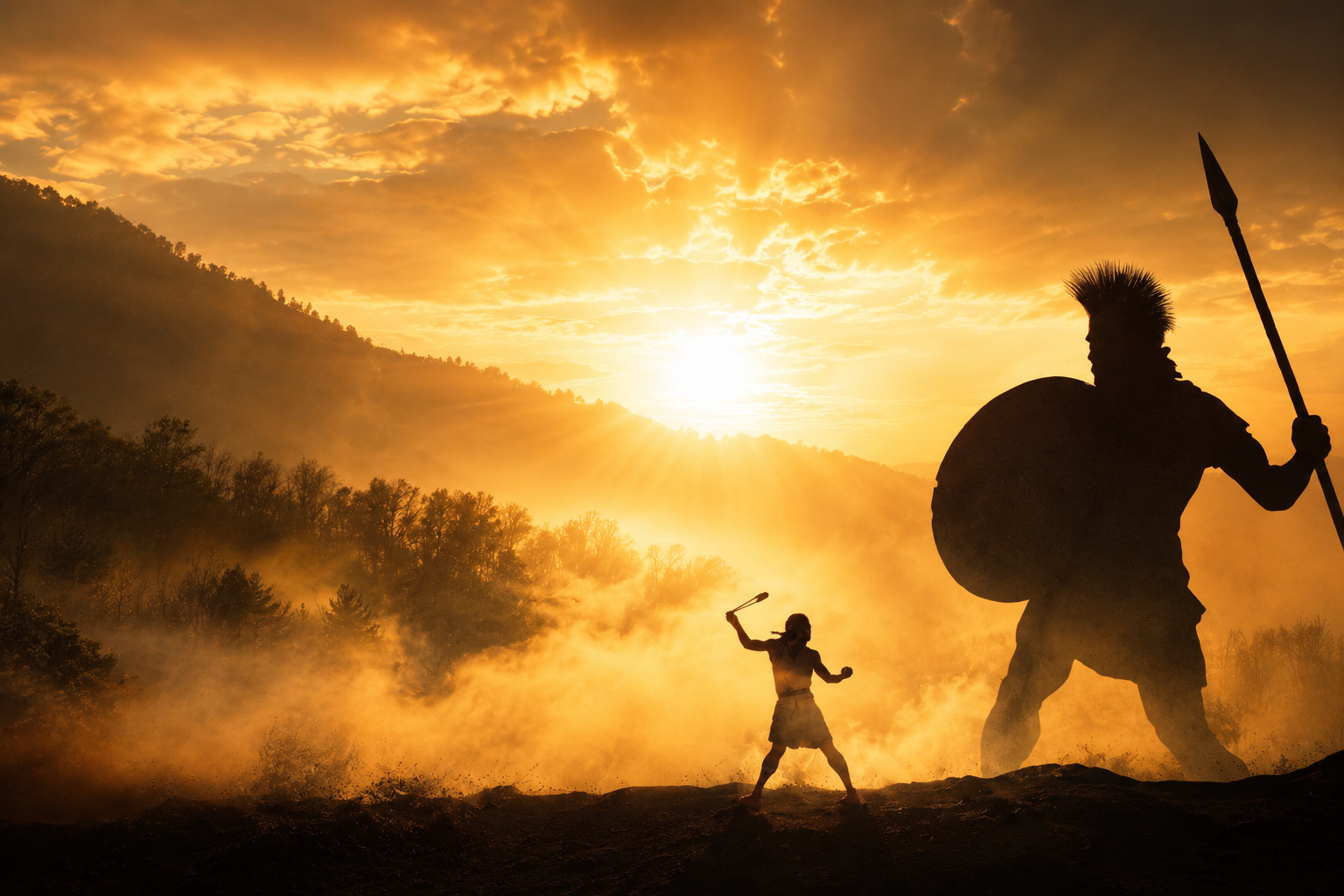 David and Goliath silhouette at sunset — symbol of Culebra's struggle