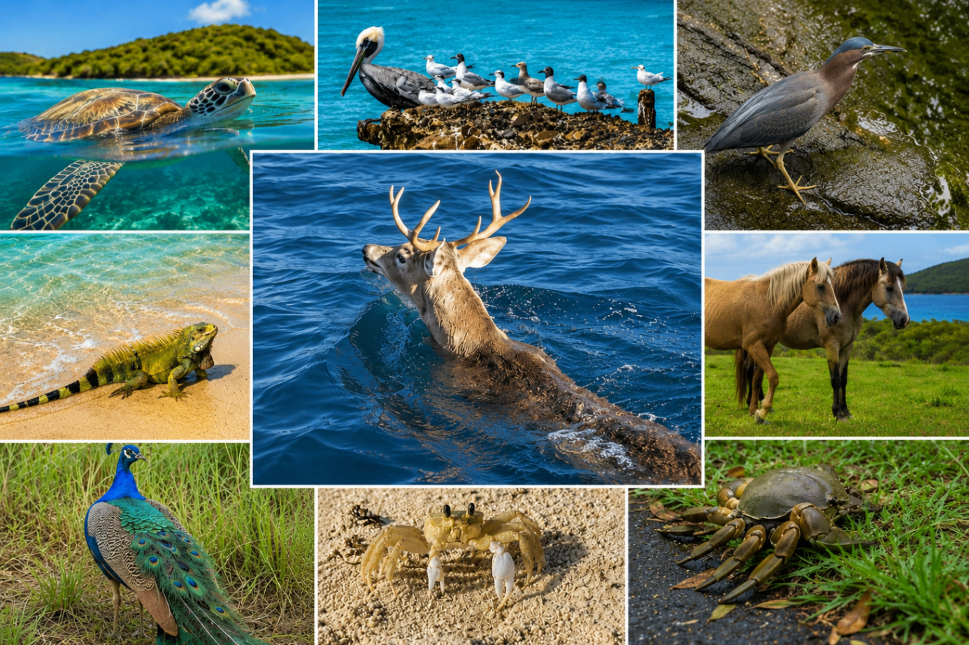 A collage of Culebra wildlife — sea turtles, pelicans, herons, iguanas, wild horses, deer, crabs, and a peacock