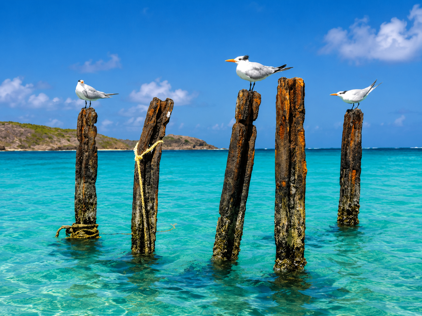 Royal terns perched on weathered wooden posts above turquoise Culebra water