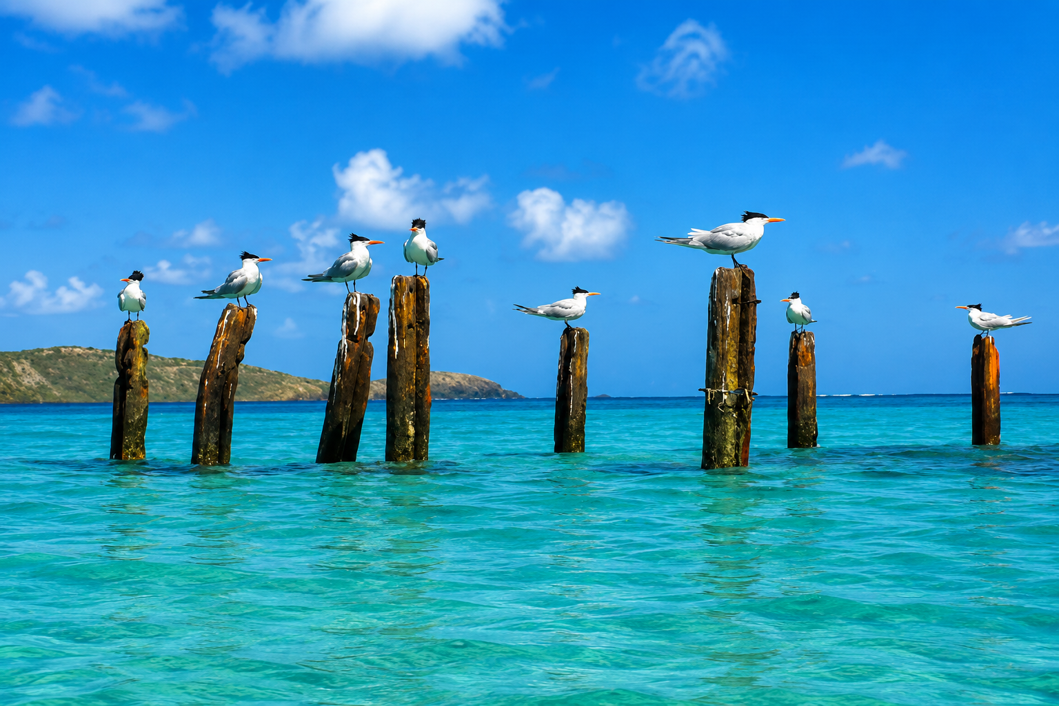 Royal terns perched on the weathered pier pilings at El Muellecito
