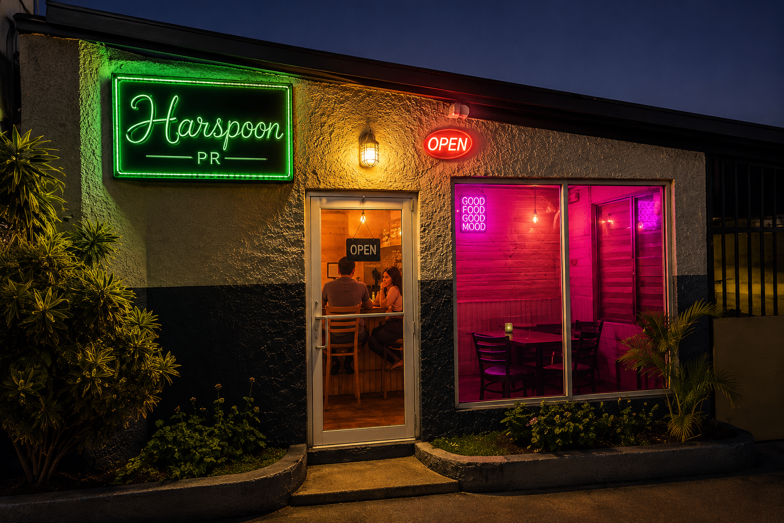 Harspoon's — glowing green neon sign and warm evening dining room in Culebra