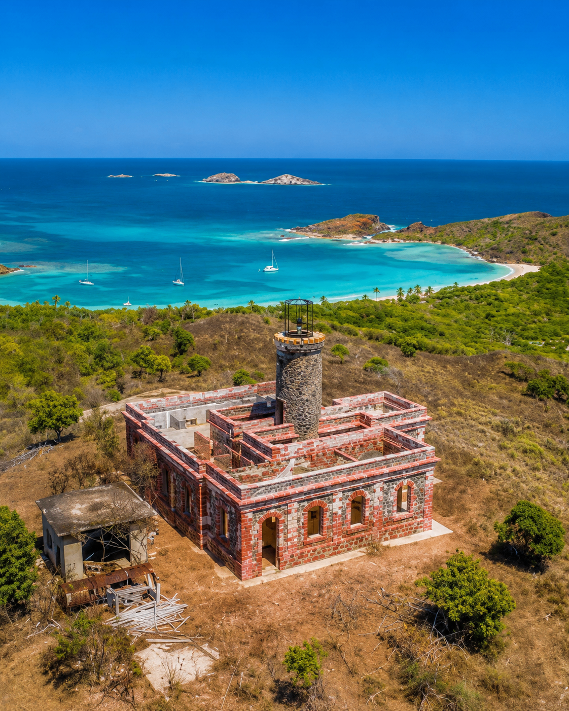 Aerial view of the historic Culebrita Lighthouse with turquoise bays and sailboats in the distance