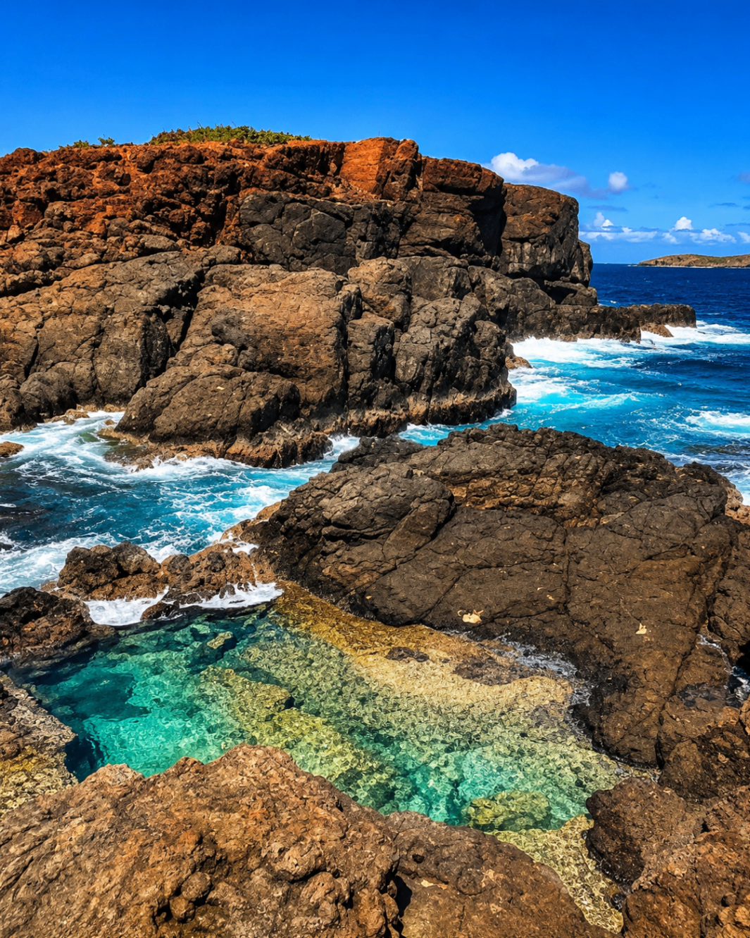 Culebrita's natural volcanic rock pools with turquoise water beside crashing Caribbean surf