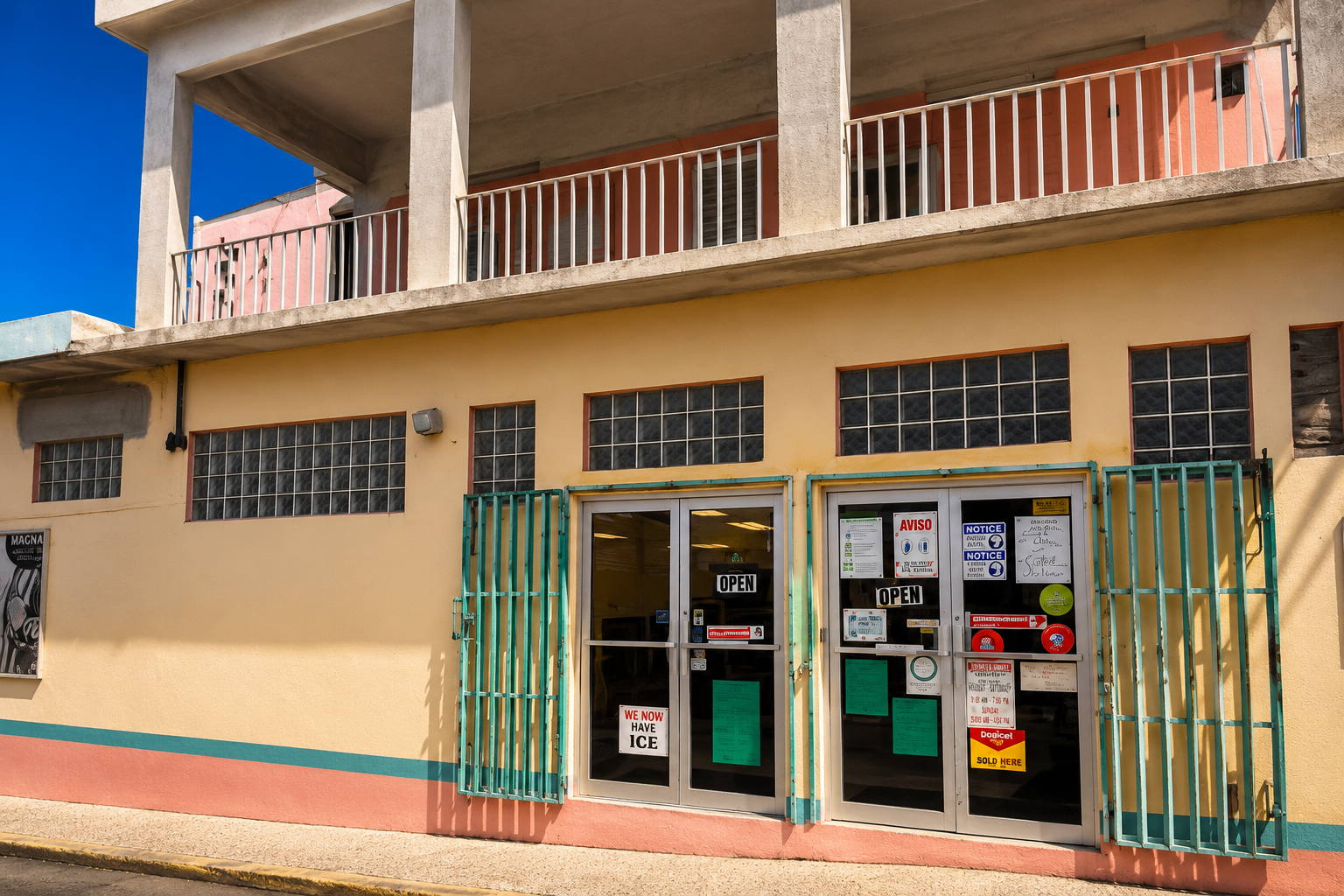 Superette Mayra β pale yellow storefront with turquoise gates on Calle Escudero, downtown Culebra