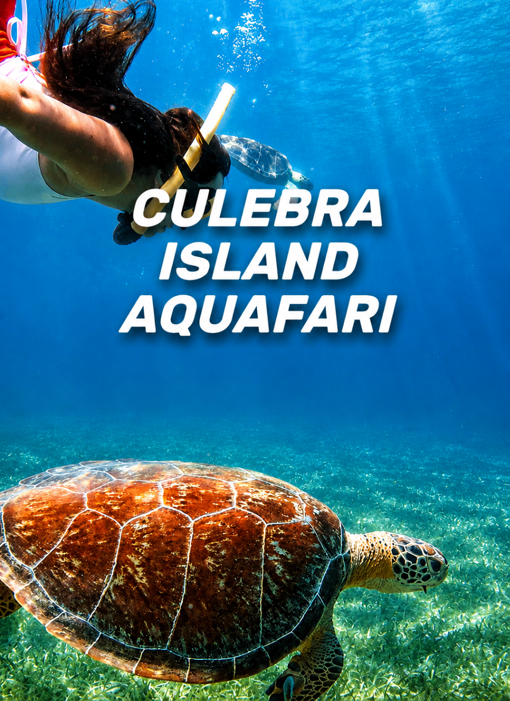 Kayaking Puerto Rico — snorkeler above a sea turtle in Culebra's clear waters