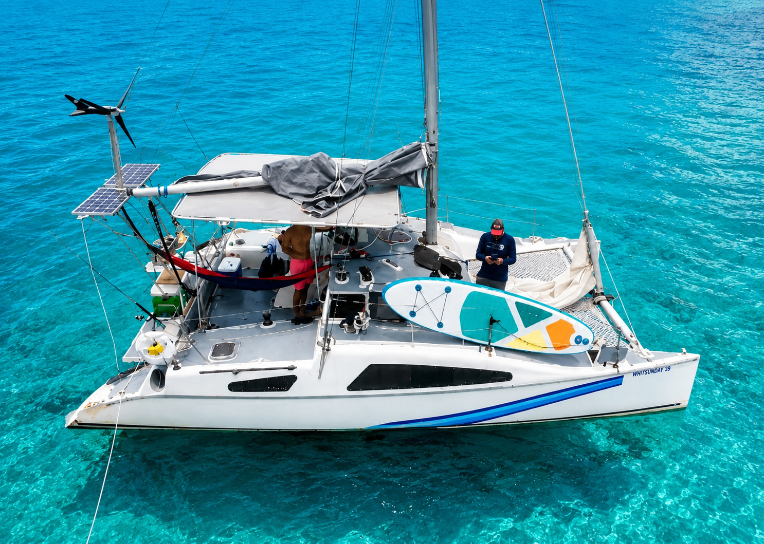 Calypso Culebra catamaran anchored in bright turquoise water